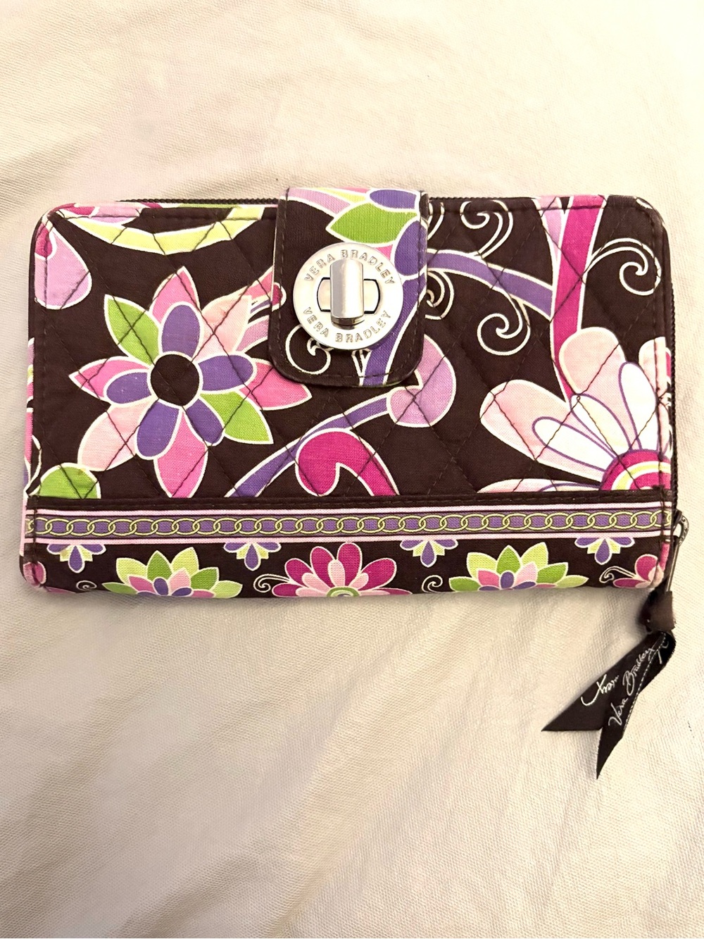Vera Bradley Brown Floral Quilted Wallet with Pink, Purple & Green Accents